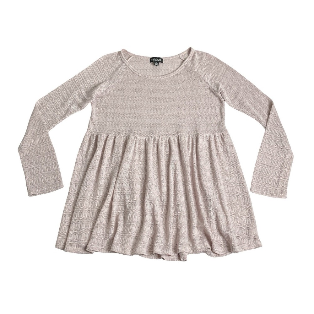 My Belle Sweater Top XL Dusty Pink Open Knit Tunic Peplum Hem Scoop Neck Stretch
